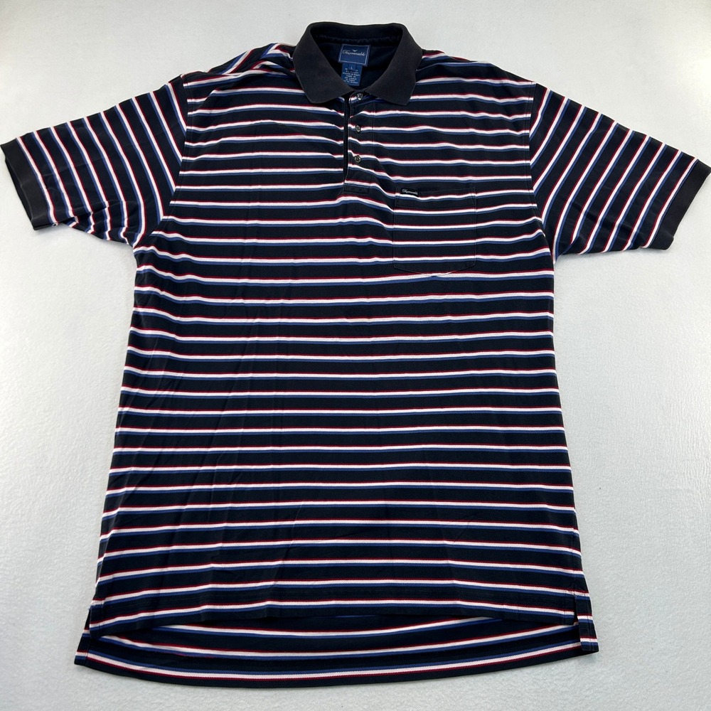 Faconnable Mens Large Polo Shirt Navy Blue Red White Striped Short Sleeve Pocket